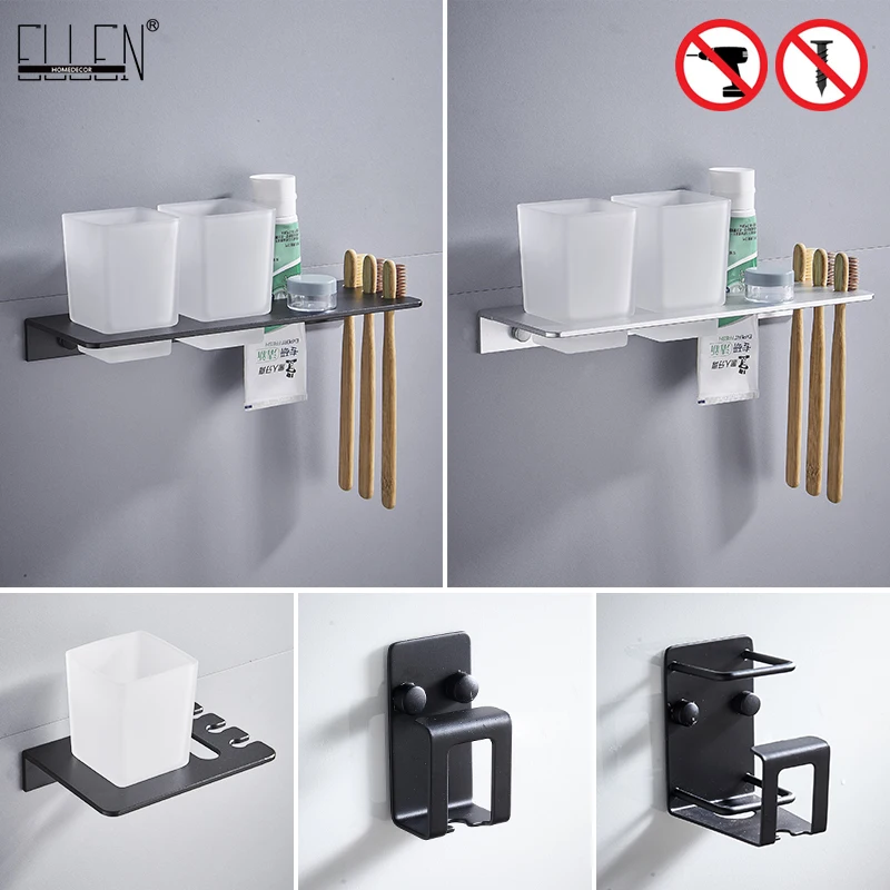 ELLEN Self-adhesive Bathroom Cup Holder Black Toothbrush Holder Bathroom Accessories Metal Wall Cup Holder ML6037