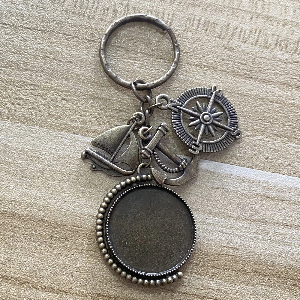 1piece Rotatable Fit 2Sides 25mm Family Photo Safe Wishes Sailor Keychain Seaman Sailboat Anchor Rudder Compass Diy Keyring