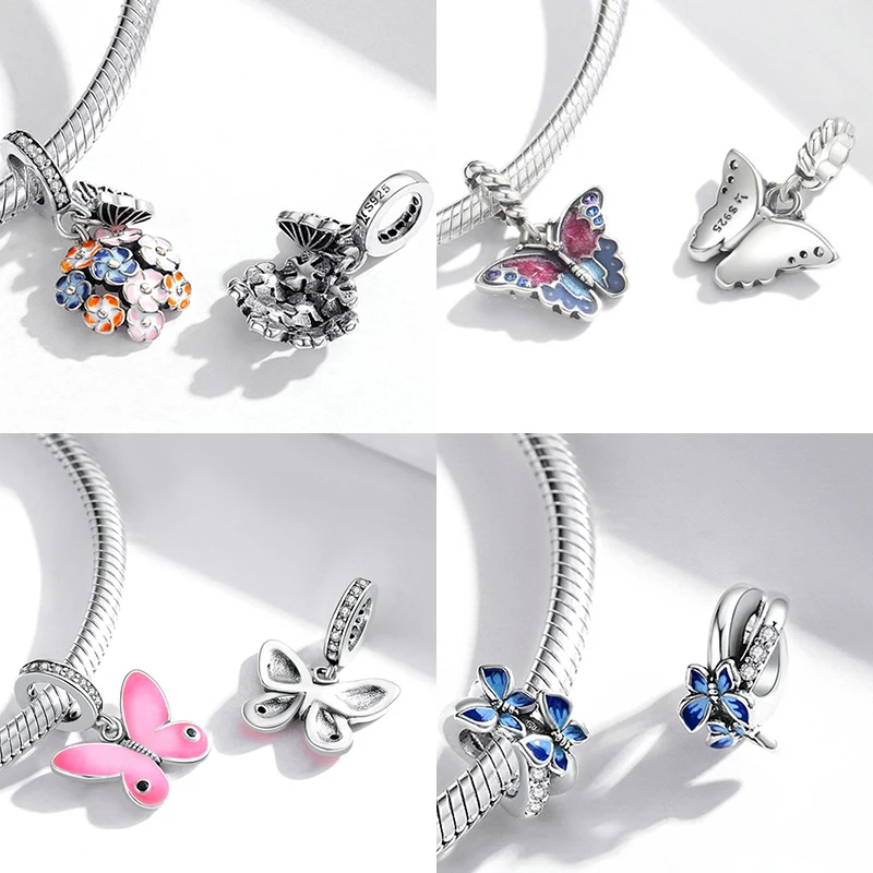 BAMOER Colorful Birds Flowers Leaves Pendant 925 Sterling Silver Spring Charm fit Original Bracelet Fine Jewelry Accessories DIY