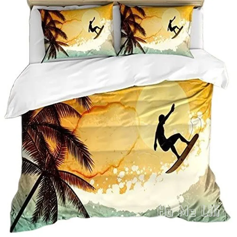 

Grunge By Ho Me Lili Duvet Cover Set Illustration Of Tropical Island Surfer On Sea Waves And Palms At Sunset Decor Bedding