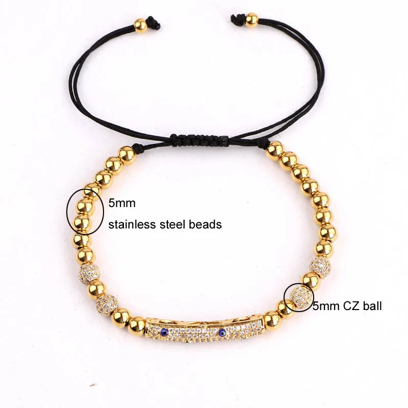 New Luxury Cubic Zirconia Eye Charm Stainless Steel Beads Friendship Bracelet Women Men