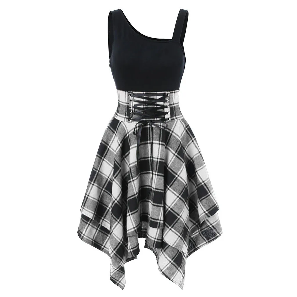 Plaid Dress Women Summer 2023 Sleeveless Cold Shoulder Cross Irregular Dress Elegant Streetwear Retro Casual Mini Vestido