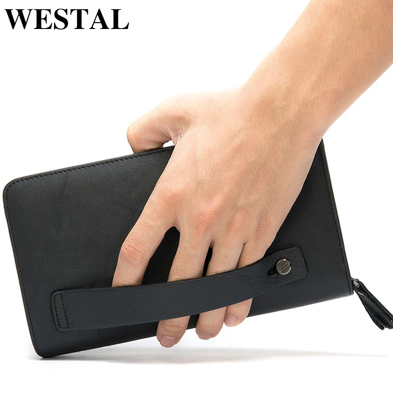 WESTAL Men\'s Wallet Genuine Leather Men Clutch Bag Double Zip Passport Wallet for Cards Coin Long Wallets Purse Hand Bag Pouch