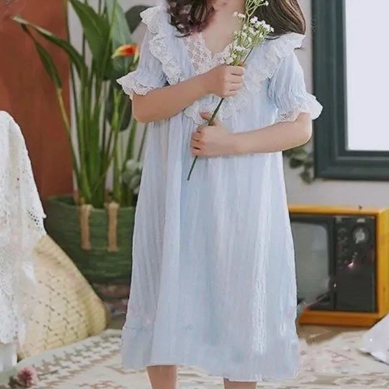 Cotton Girls Nightdress Summer Thin Nightdress Baby Girl Lace Court Style Nightdress Children\'s Short Sleeve Home Clothes