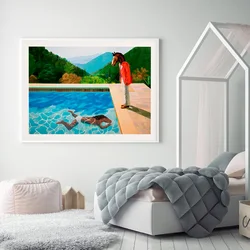 Print Poster David Hockney Inspired Two Horses Swimming Pool Canvas Painting Art Cartoon Picture Living Room Home Decor