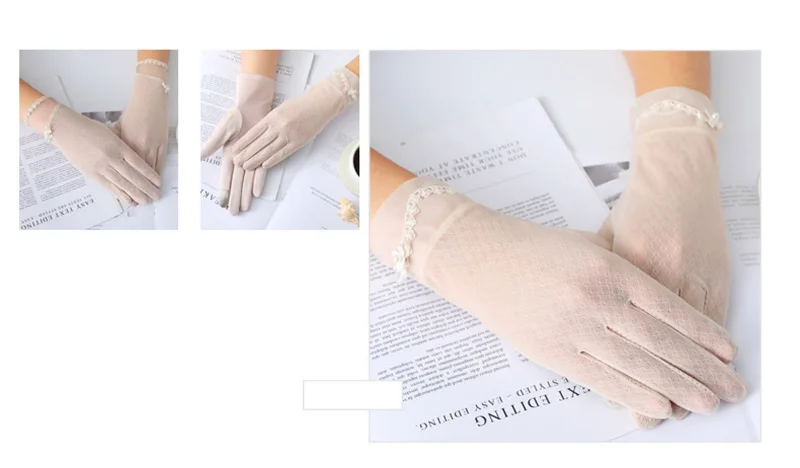 Sexy Summer Women UV Sunscreen Short Sun Screen Pearl Flowers Gloves Thin Ice Silk Lace Touch Screen Viscose Driving Gloves J53