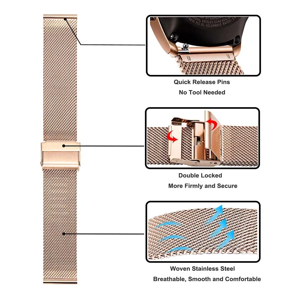 Business Replacement Mesh Strap 18mm 20mm 22mm for Samsung Galaxy Watch 42mm 46mm SM-R800 SM-R810 Rose Gold Metal Strap Band