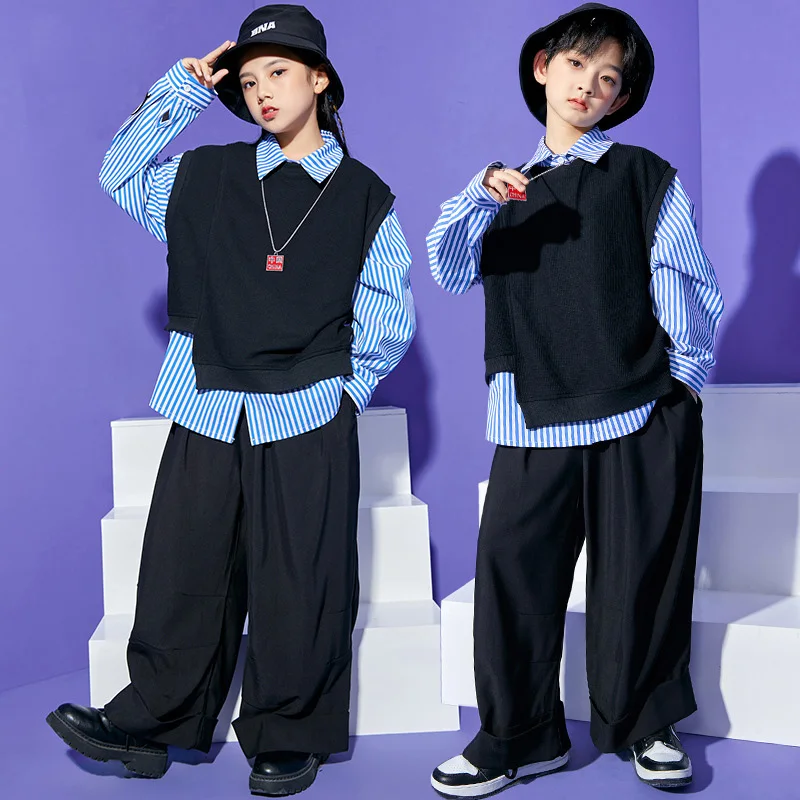 

Kid Kpop Hip Hop Clothing Striped Shirt Black Vest Top Streetwear Loose Baggy Pants for Girls Boys Rapper Dance Costume Clothes