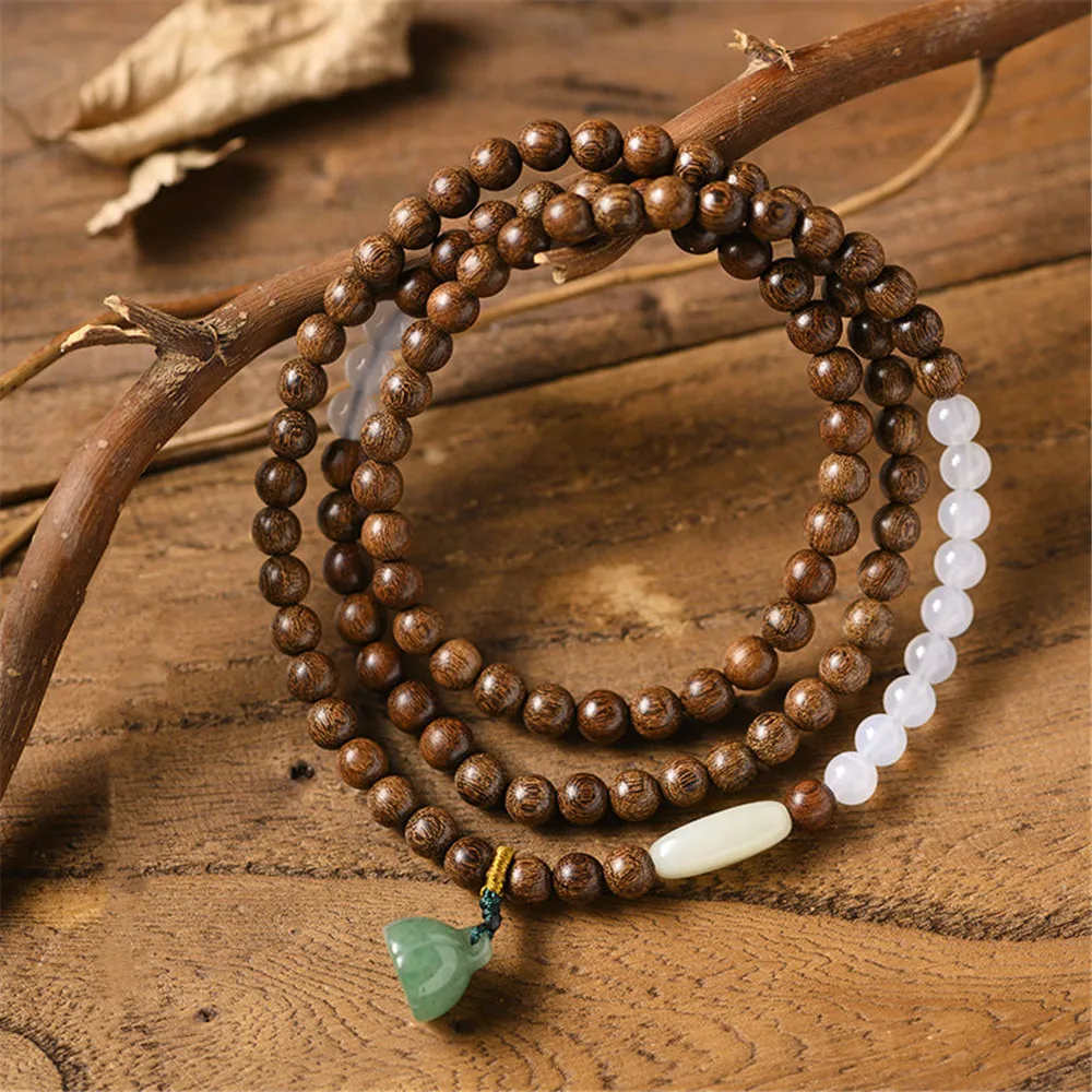 Golden Silk Sandalwood Multi-circle Bracelet Green Aventurine Lotus Pendant Hetian Jade Accessory Buddhist Rosary Bracelet