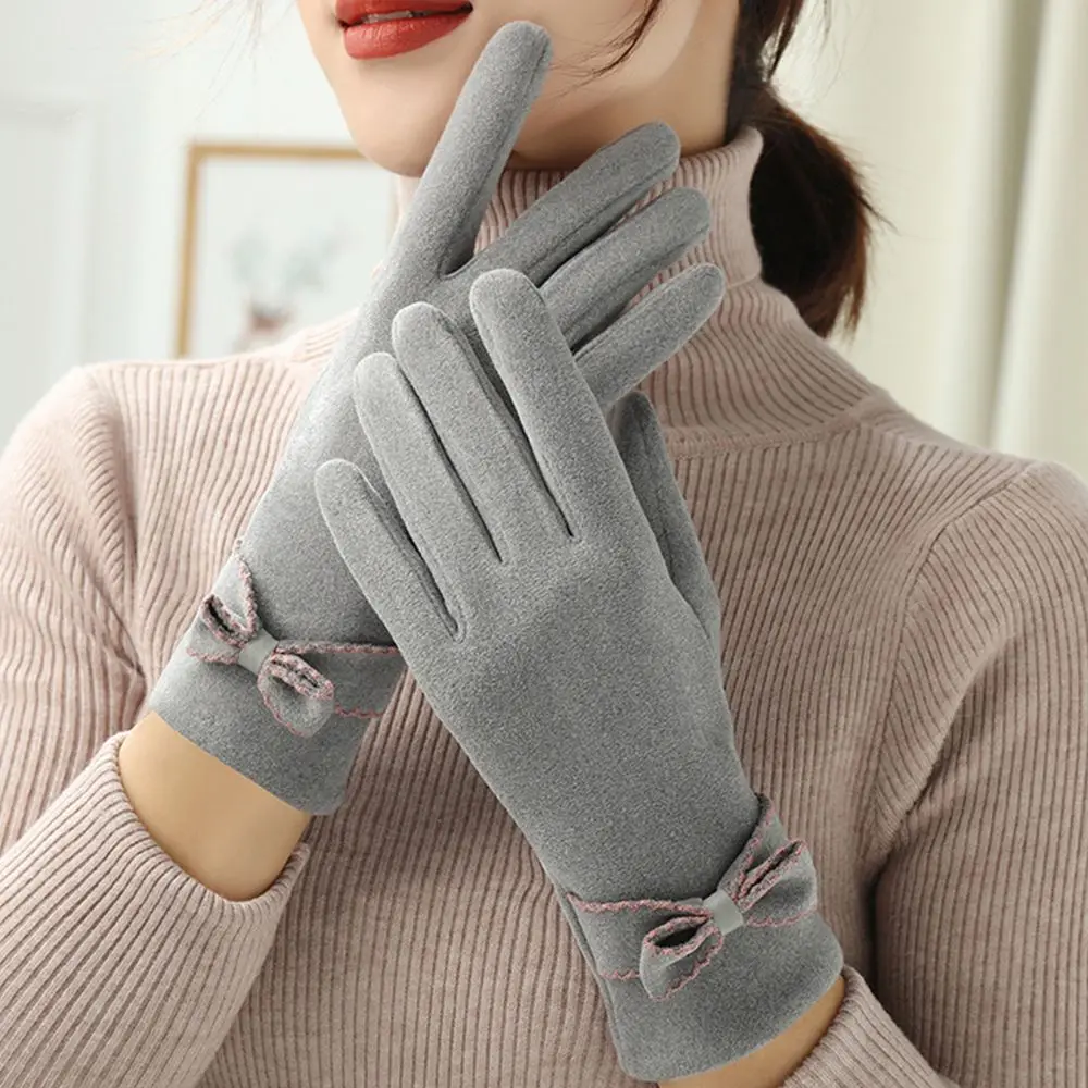 

Cycling Full Finger Bow Cold Protection Solid Color Korean Style Mittens Women's Gloves German Fleece Touch Screen Gloves