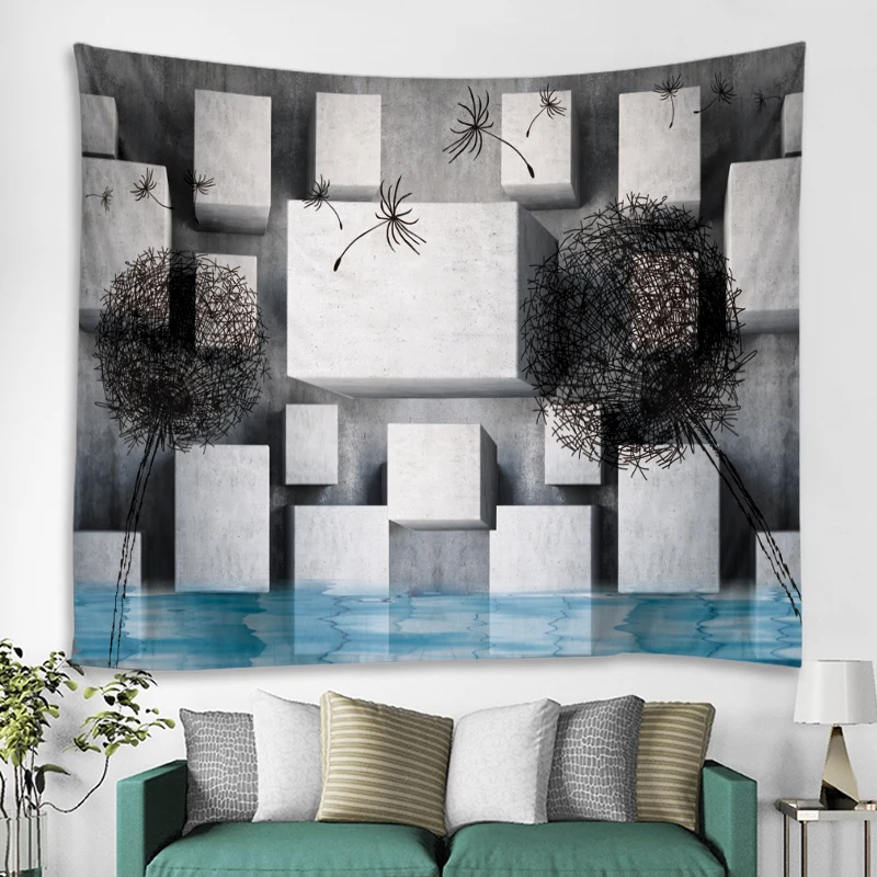 3D gray geometric cube Tapestry Wall Hanging Psychedelic  Wall Tapestry Bohemian Mandala Hippie Tapestry for Bedroom