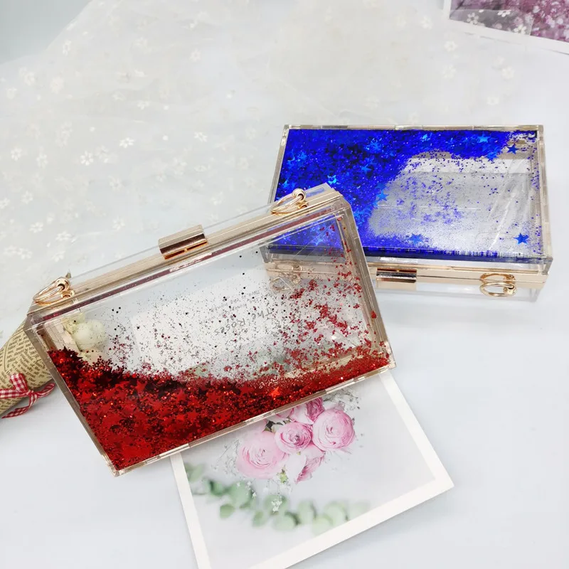 Women\'s Luxury Liquid Glitter Acrylic Clutch Purse Quicksand Powder Transparent Box Bags Summer Beach Handbags With Metal Chain