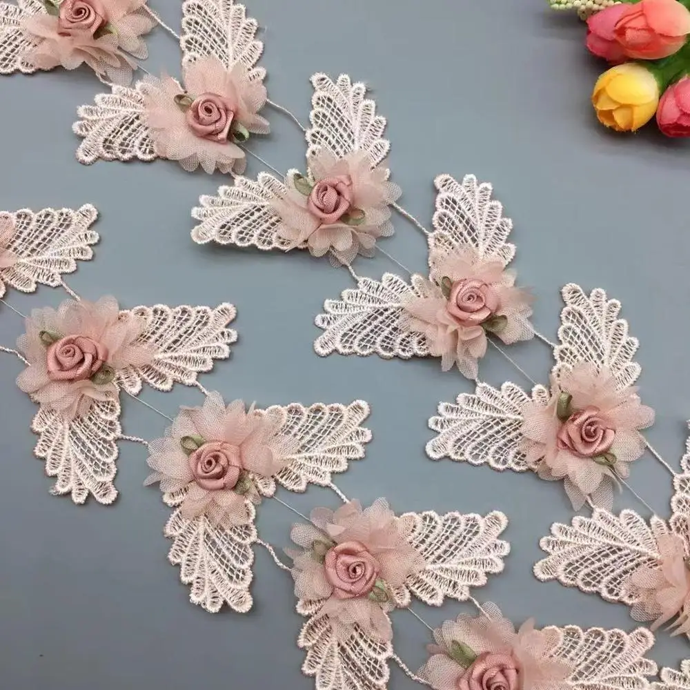 1 yard 3D Flower Pink Lace Dress for Wedding Dress Lace Trim Applique Ribbon Embroidered Fabric Sewing Craft DIY Decoration