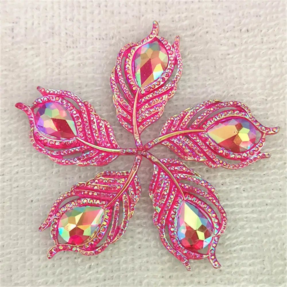 Hot 6PCS 20*38mm AB Resin 3D Peacock Feathers Flatback Rhinestone Wedding DIY Buttons