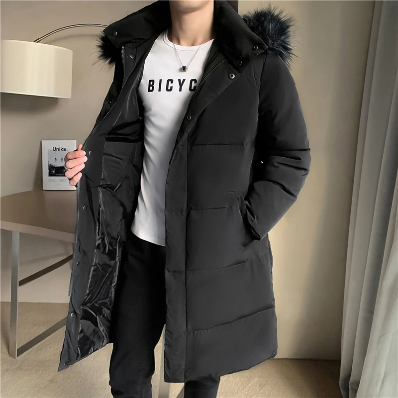 

2021 Men's Thickening Winter Warm Down Jackets/Male Slim Fit Long Parker Jackets Outwear Windproof Coat Hooded Black