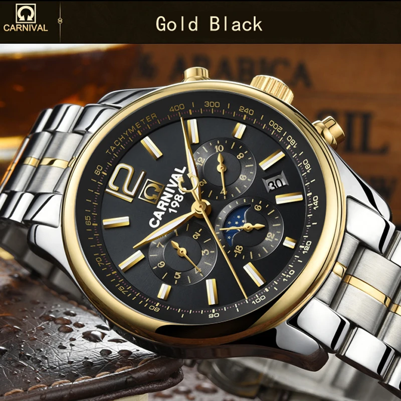 Carnival Multifunctional Moon Phase Mechanical Watches for Men Luxury Sapphire Stainless Steel Waterproof Automatic Watch Mens