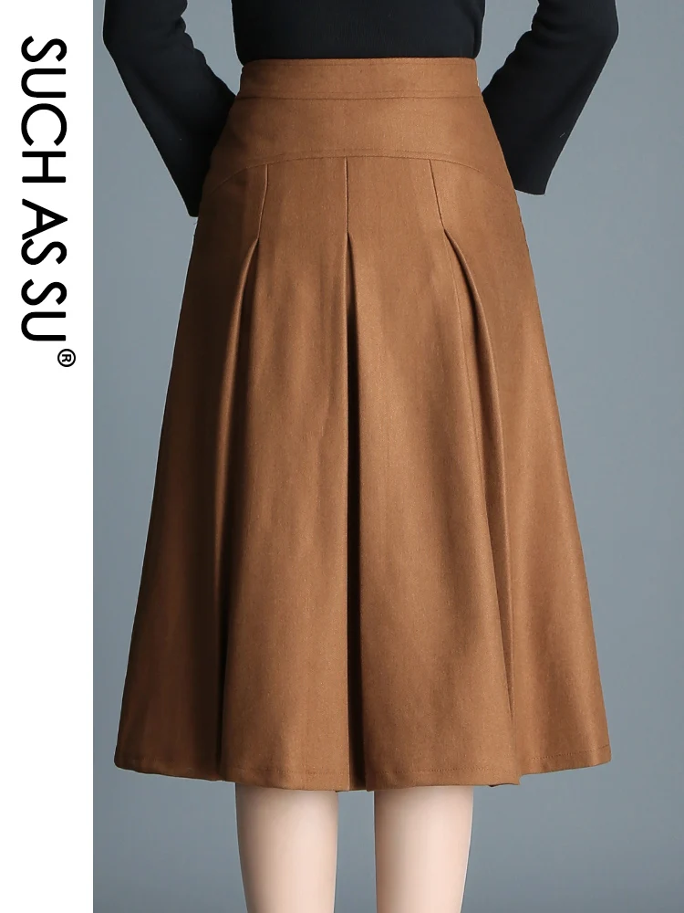 SUCH AS SU New 2023 Women Black Brown Button High Waist Pleated Skirt Autumn Winter S-3XL Size Female Mid-Long Pockets Skirt