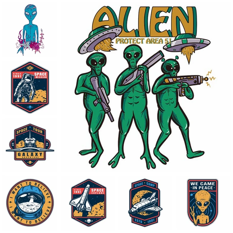 UFO Alien Iron On Transfers Vinyl Heat Transfer Thermal Ironing Stickers DIY Space PVC Iron Patches For Clothing Applique