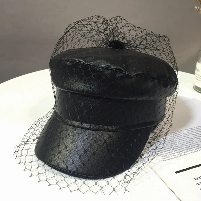 Casquettes Newsboy en voile de dentelle PU noir, haut plat Fmale, maille noire, plusieurs styles, chapeaux de mode, printemps et été, nouveau