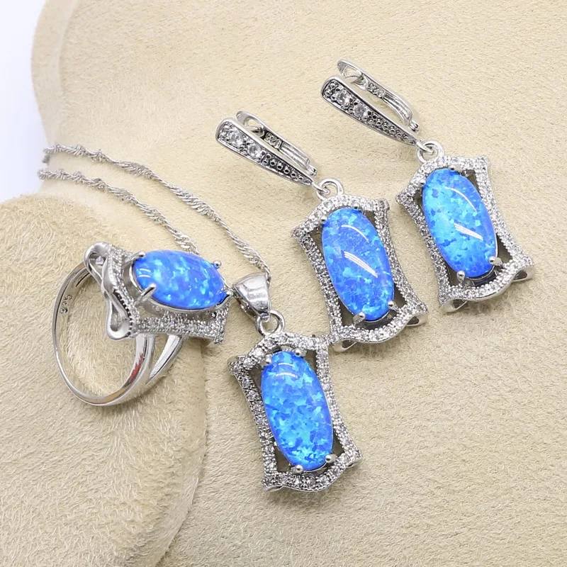 Luxury 925 Silver Blue Opal Bridal Jewelry Sets Rings Earrings Bracelets Pendant Wedding Necklace For Women