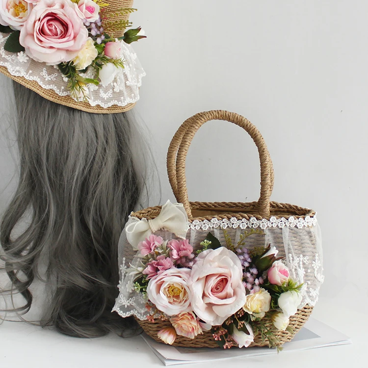 Women Fashion Summer Beach Bag and Hat Suit Multicolor Artificial Flowers Lace Rattan Handbag Bohemia Weave Straw Casual Tote