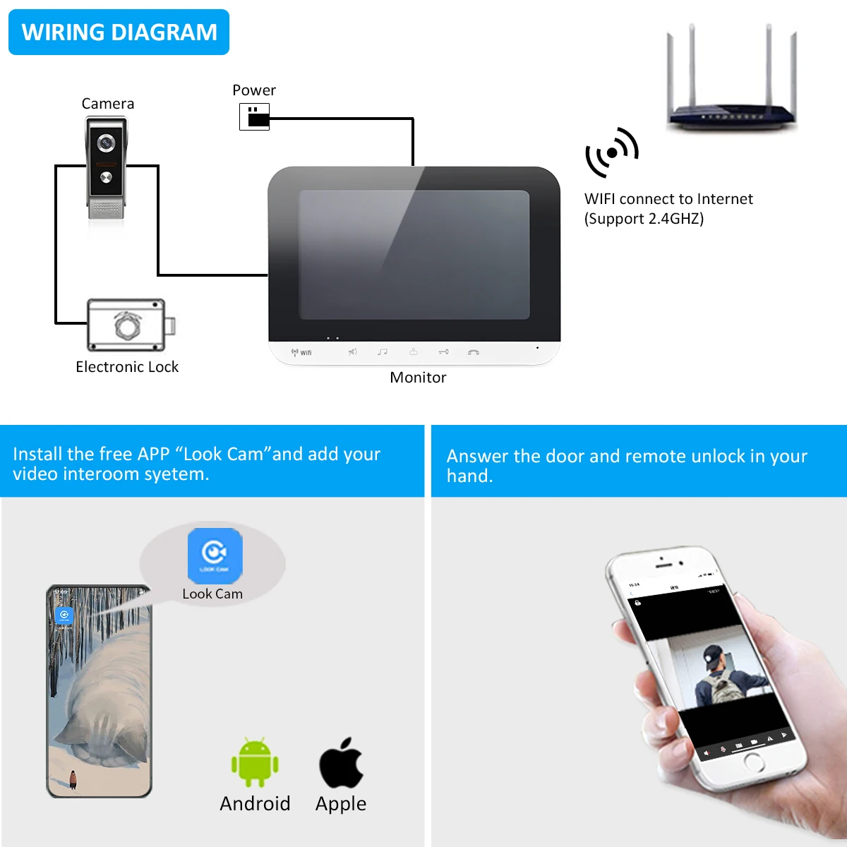 Drátová WIFI 7inch monitor video dveře telefon doorbell video interkom nástup systém +RFID kamera + Android ios APP ovládání