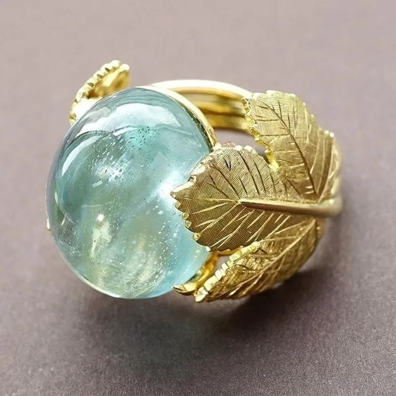 Big Gold Color Leaves Fashion Luxury Light Blue Leaf Romantic Rings for Women Natural Transparent Ball