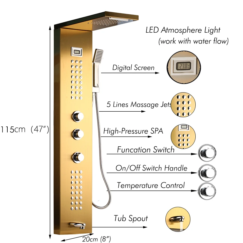 Imagem -04 - Jieni-ducha Vertical com Jatos de Água para Massagem Chuveiro de Níquel Escovado com Jatos de Água para Spa Banho Painel de Banho Led