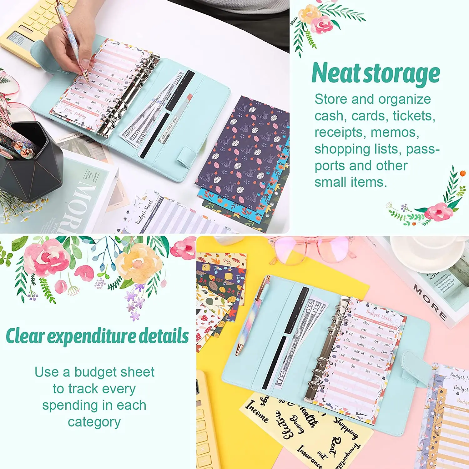 A6 PU Leather Notebook Binder Money Envelope for Budgeting,with Cash Envelopes,Letter Sticker, Expense Budget Sheets,Blank Label