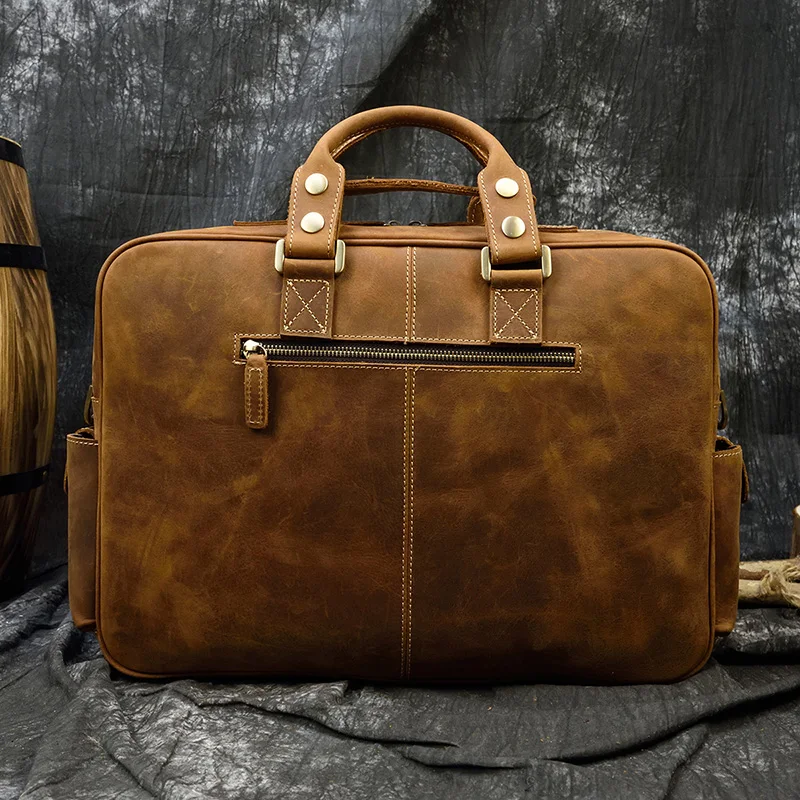 Maleta de couro genuíno para homens, cavalo louco vintage, bolsa de negócios, couro, bolsa de viagem grande, bolsa de mensageiro portátil, 15,6\