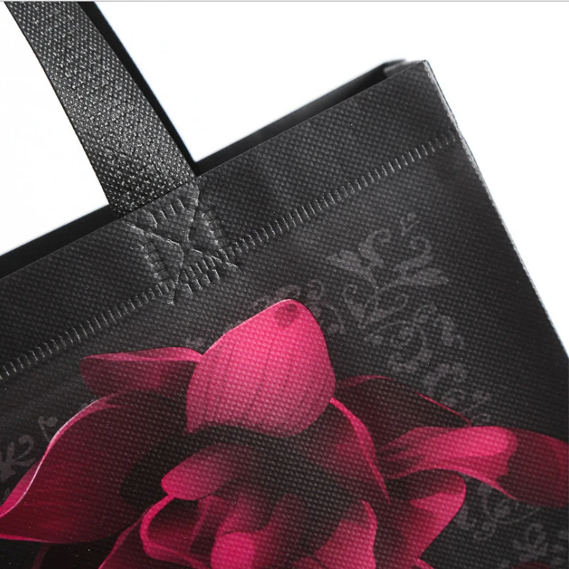 New Black Flower Print Foldable Shopping Bag Reusable Tote Pouch Eco Travel Groccery Bags Female Non-woven Canvas Shopping Bags