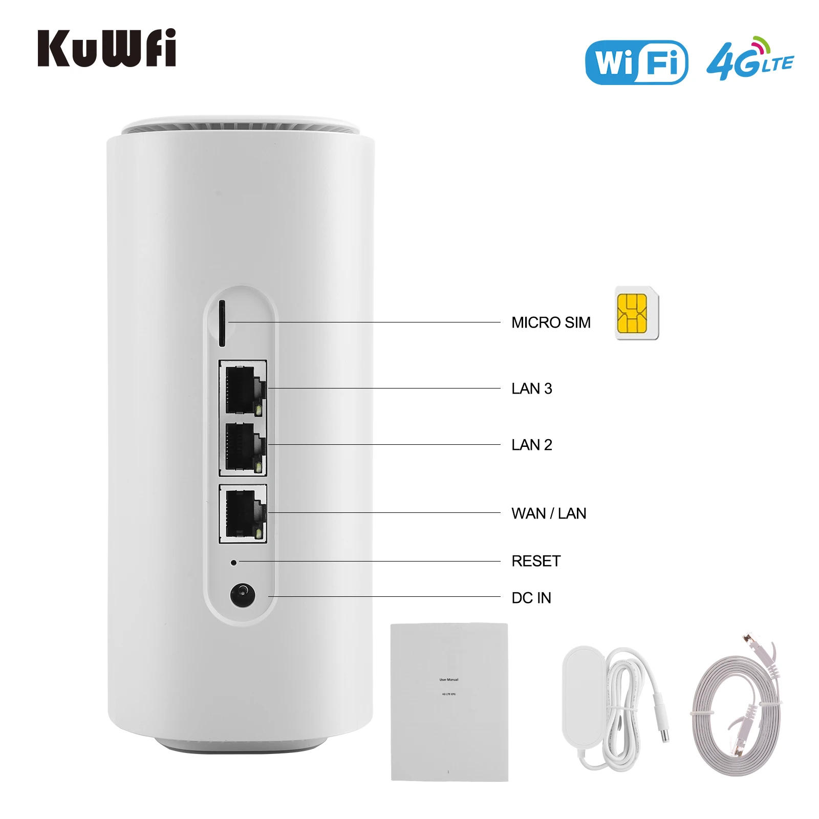 KuWFi Router Wifi 4G 300mbps CAT4, Router LTE nirkabel dengan Slot kartu Sim Hotspot hingga 32 pengguna