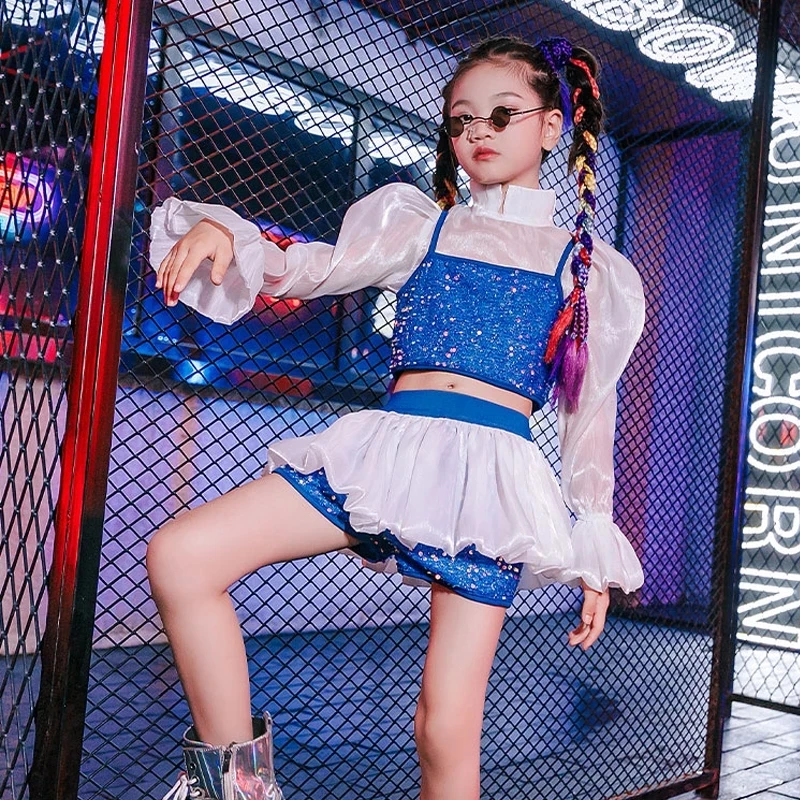 Kid Jazz Clothes Long Sleeve Tops Blue Sequin Vest HipHop Practice Clothing Girls Street Dance Stage Performance Costume