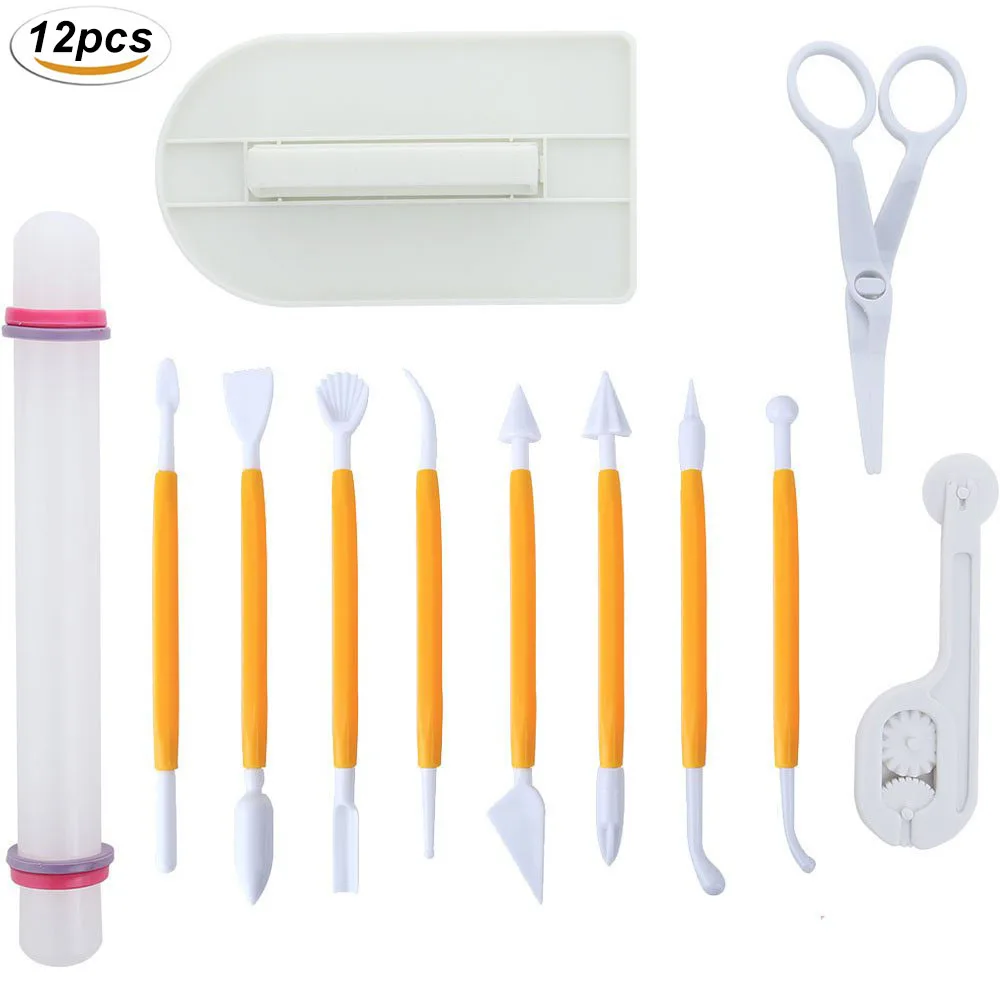 12pcs/pack Fondant Cake Decorating Tool Sugar craft Gum Paste Icing Smoother Rolling Pin Trimmer Cutter Embosser Flower Scissor