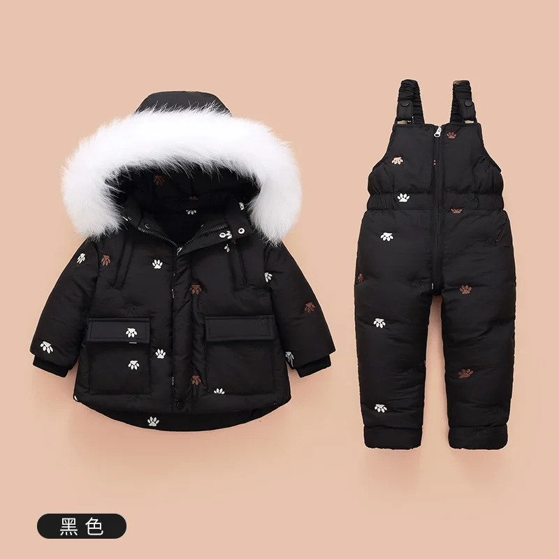 Winter Russia Children Snowsuit Clothing Set 80% Duck Down Jacket And Pants For Baby Girls Boys Coat Fur Collar Kids Clothes Set