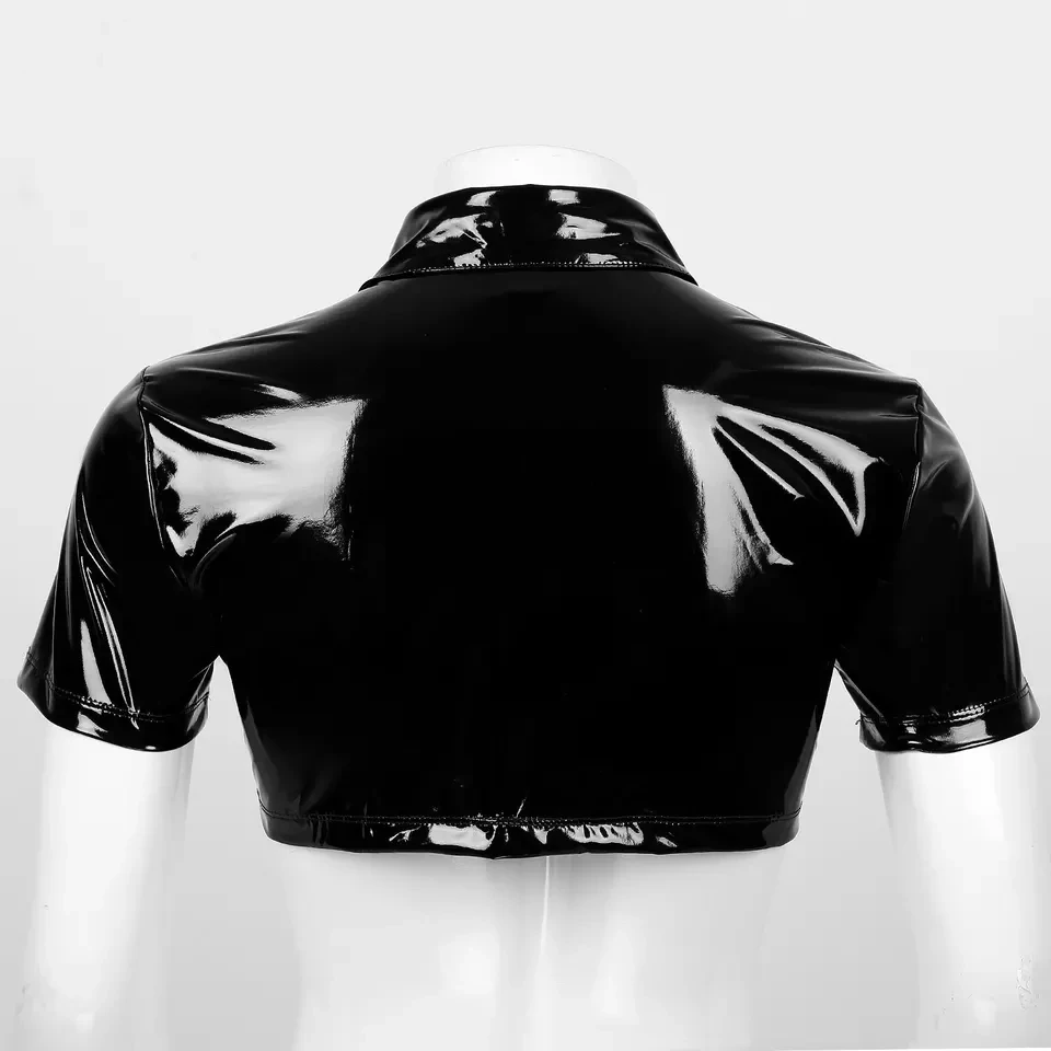 Mens Sexy Glossy Leather Short-sleeved Shirt Erotic Shaping Sheath Latex Tops Casual T-shirts Male Patent Leather Jacket Sexi