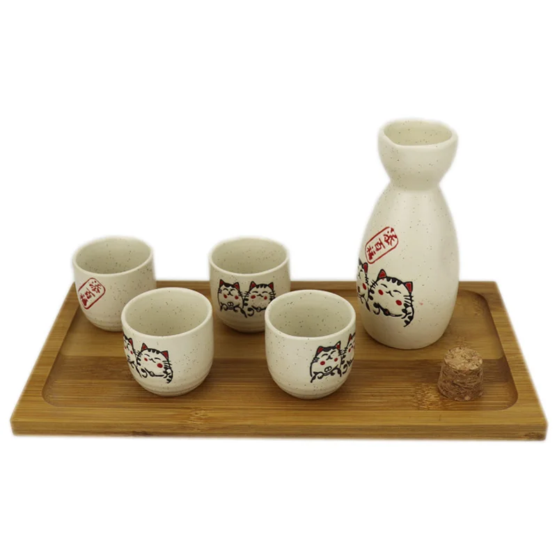 5-Piece Wine Set Ceramic Japanese Style Sake Drinkware 16 Pattern Maneki Neko Sakura Lucky Cat Wine Drinking Cup Bottle