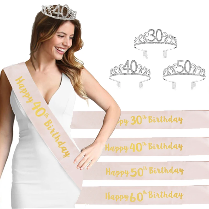 30th 40th 50th Happy birthday party gift Rosa gold satin sash Crown birthday parties decoration Adult 30 40 50 Anniversary day