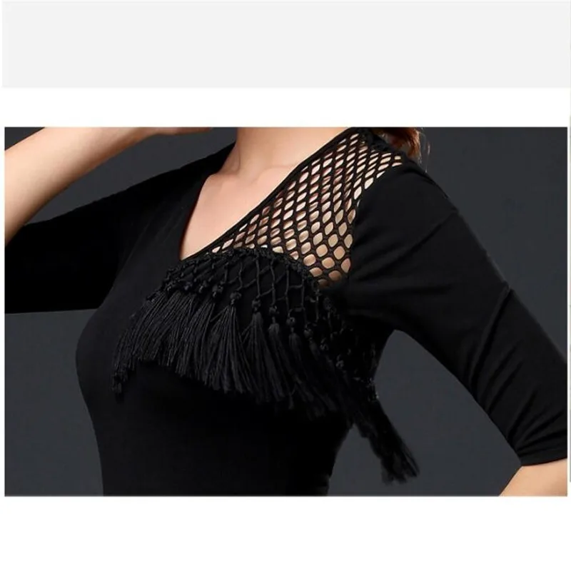 HOT Black Lace Mesh Latin Dance Dress Mid-sleeve Latin Dance Tassel Dress For Women Female Ballroom Tango Cha Cha Rumba Costumes