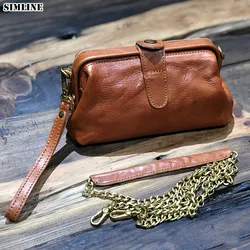 Genuine Leather Handbag For Women Designer Vintage Small Shoulder Messenger Cross Body Bag Clutch Purse Ladies With Metal Chain