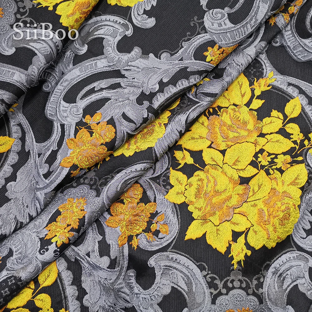 Luxury grey yellow embossed floral jacquard brocade fabric for dress coat brocade tissu cloth tela tecido SP4731 Free shipping