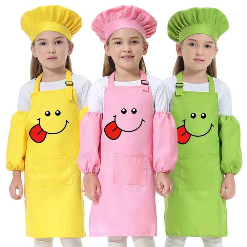 Child Polyester Apron Eating Clothes Kids Cook Baking Bib Pinafore Painting Smock Chef Hat Print Logo NOT Free