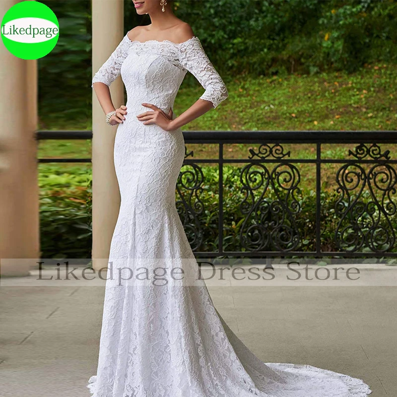 Vintage Spitze Boho Hochzeit Kleider 2020 Meerjungfrau Vestidos De Novia Off Schulter Halbarm Brautkleider Einfache Robe Mariage Boda