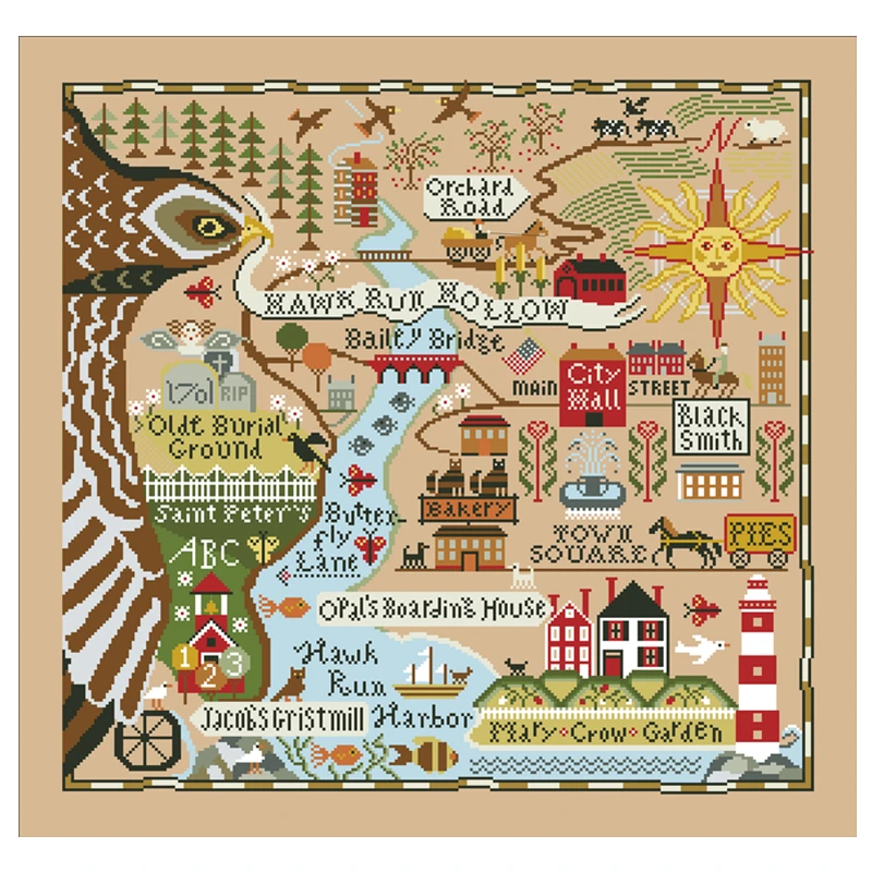 Map of Hawk Run Hollow cross stitch kit cartoon pattern design 18ct 14ct 11ct linen flaxen canvas embroidery DIY needlework