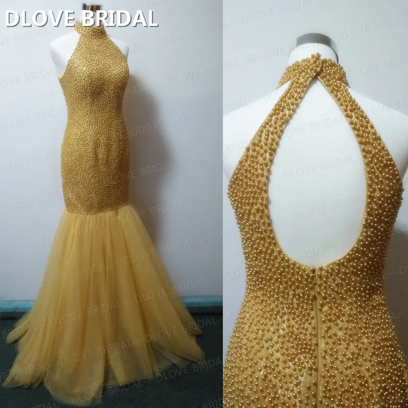 Gold Mermaid Wedding Dress High Neck Backless Pearl Beaded Bridal Gown Vestido De Noiva Real Photos