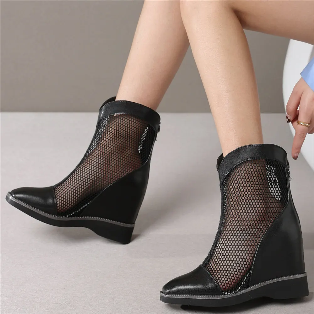 

Summer Square Toe Pumps Shoes Women Genuine Leather High Heel Ankle Boots Female Height Increasing Fashion Sneakers Casual Shoes