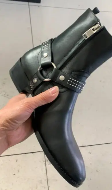 Men Chelsea Boots Black Genuine Leather Cross Buckle Ankle Boots Flats Side Zipper big size 45 46 for shoes man