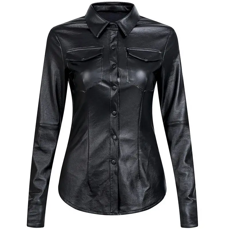 Monochrome Faux Leather Blouse for Women, Vintage Button Tops, High Street PU Shirt, Office Ladies, Autumn, 2024