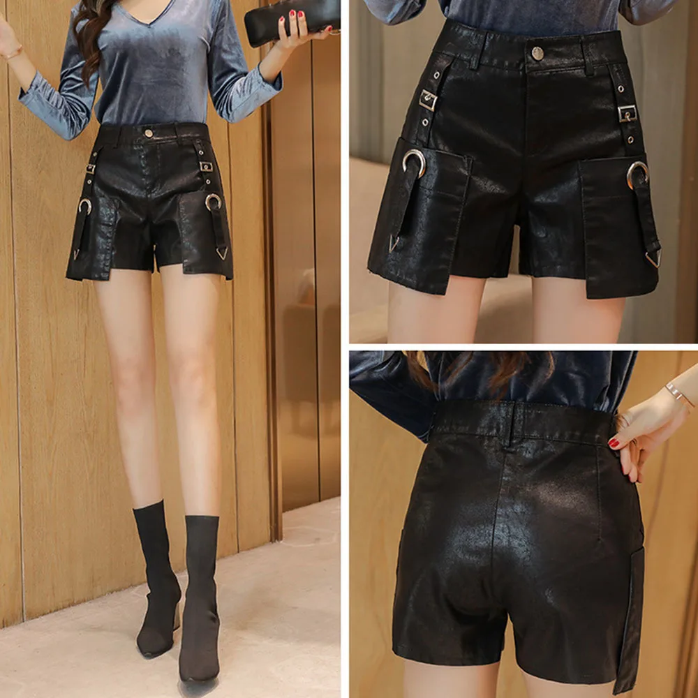 Autumn Winter New Women Fashion Slim High Waist PU Leather Shorts Ribbon Patchwork Female Streetwear Punk Gothic Short Pants