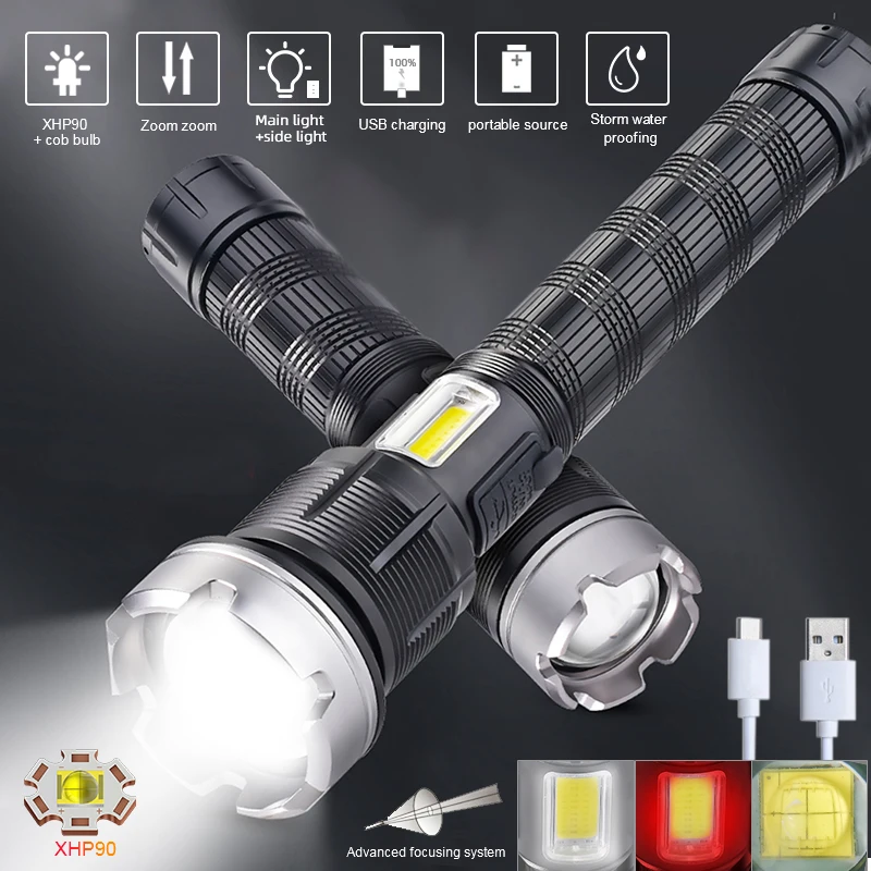 4-Core P90 LED Rechargeable Tactical Flashlight Zoomable Touch COB Side Light Outdoor Camping Powerful Flashlight+Battery+Box